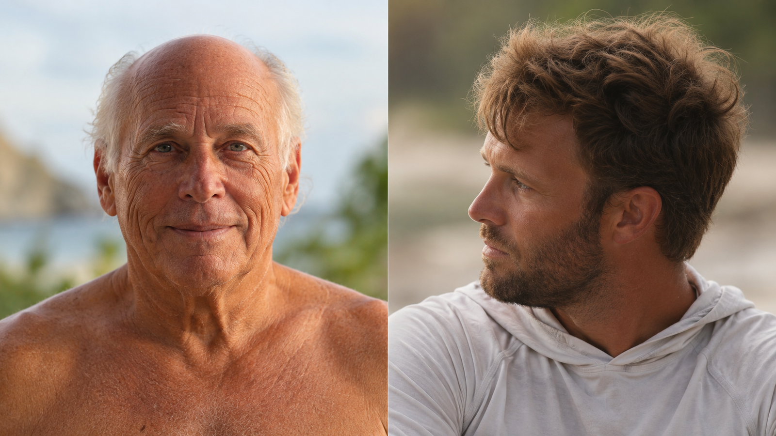 AI-generated two-panel portrait composite of Cameron Marley Buffett and Jimmy Buffett, with one person facing the camera and the other in profile.
