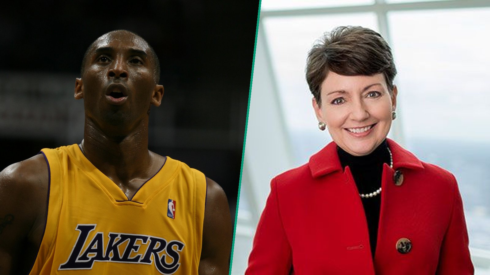 Separate photographs of Kobe Bryant in a Lakers jersey and Lynn Good in a red jacket, divided by a green line.