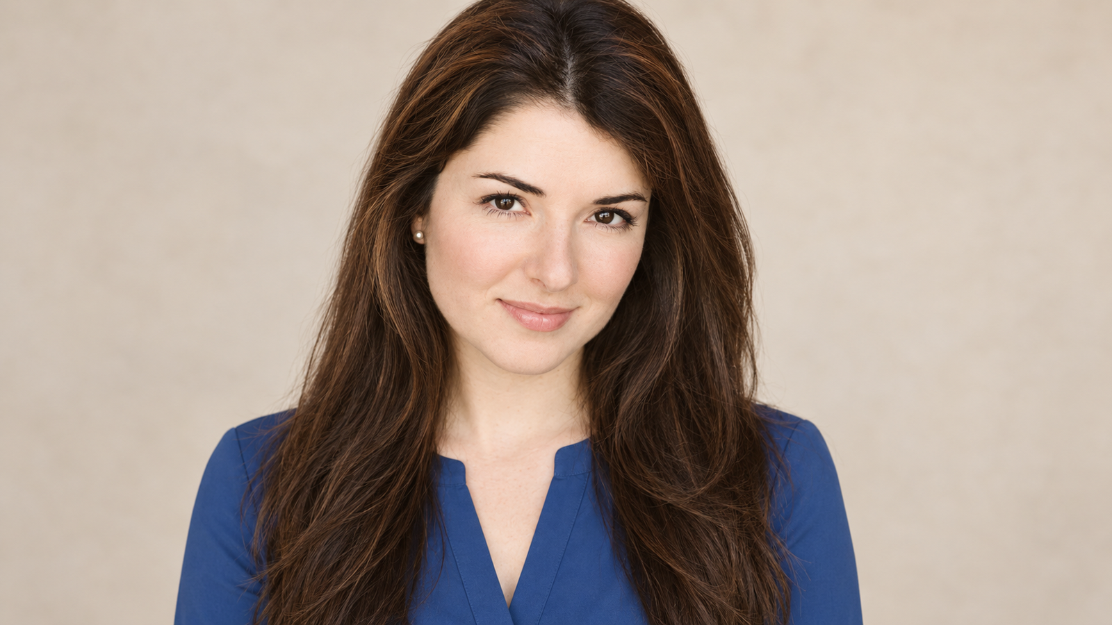 AI-generated editorial portrait of Kristine Saryan in blue clothing against a light background.