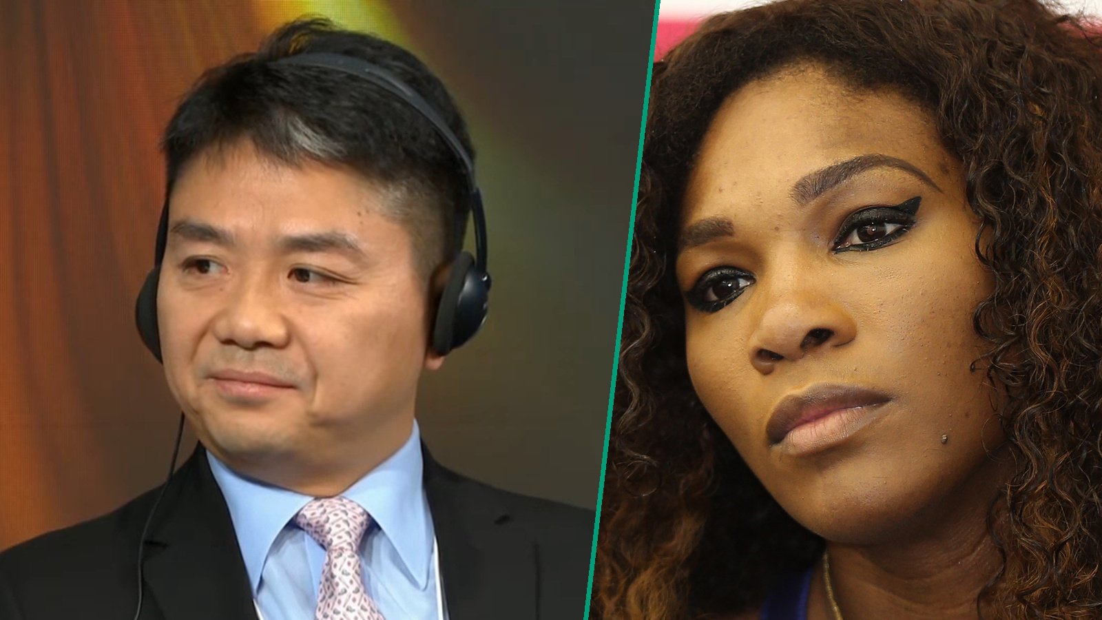 Separate close-up photographs of Richard Liu wearing a conference headset and Serena Williams, divided by a thin angled green line.
