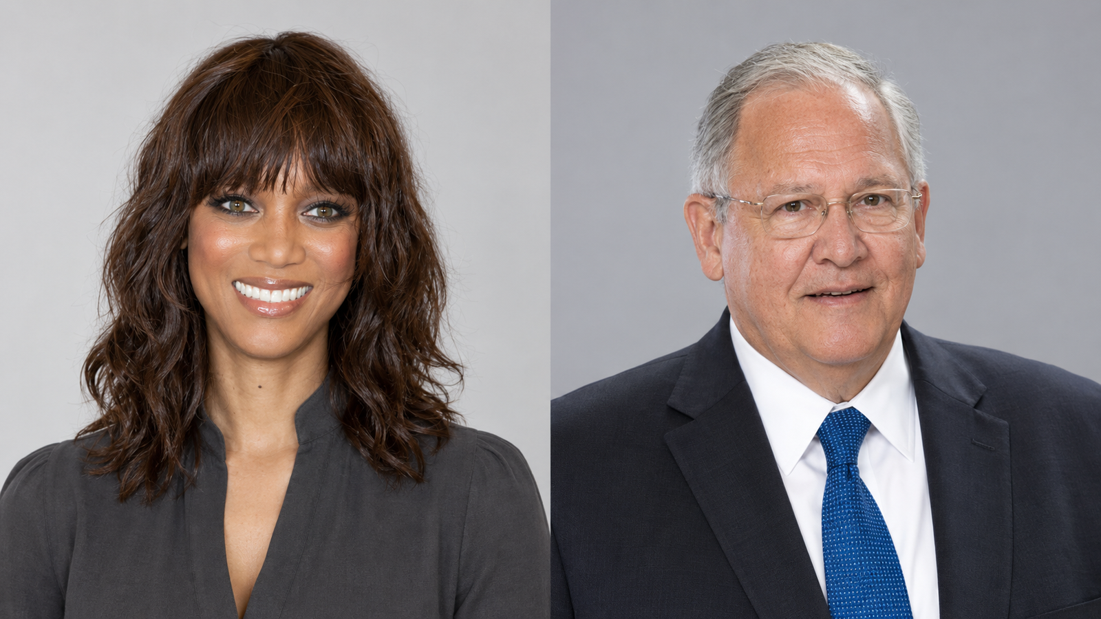 AI-generated separate-panel chest-up portraits of Tyra Banks in a charcoal blouse and Greg Hayes in a dark suit and blue tie.