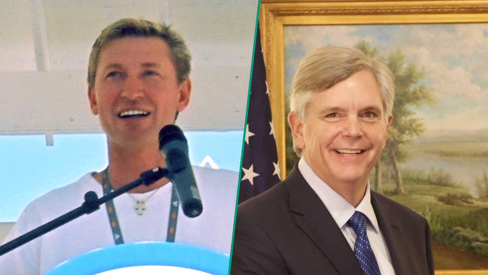 Separate photographs of Wayne Gretzky at a microphone and Larry Culp in a suit, divided by a green line.
